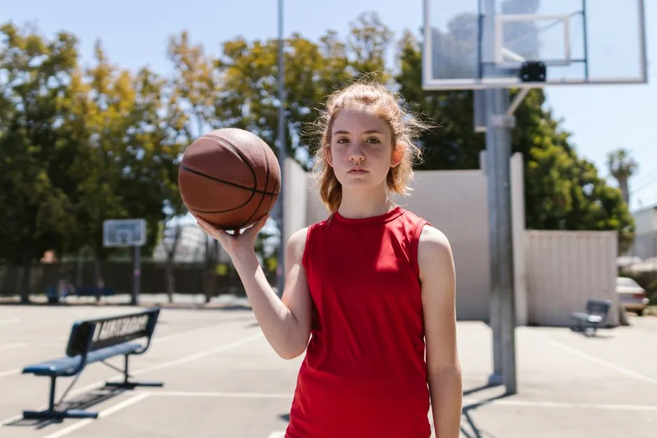 Mädchen steht mit einem Basketball auf einem Freiplatz