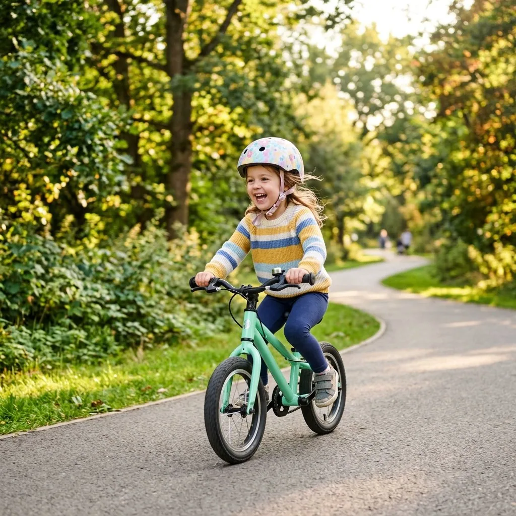 Kind fährt mit einem passenden Kinderfahrrad