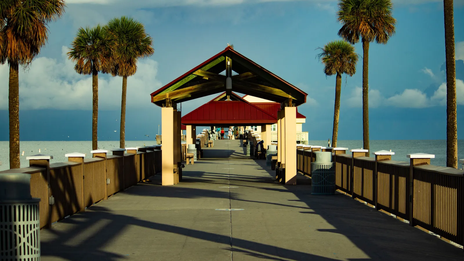 Palmen und Steg am Meer in Clearwater Beach, Florida, bei klarem Himmel.